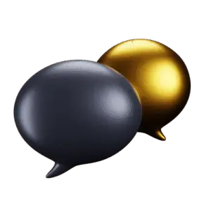 Icône 3D représentant deux bulles de dialogue — une noire et une dorée — symbole de communication client, service après-vente ou assistance technique.