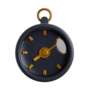 Icône 3D d’une montre noire avec des éléments dorés, représentant la ponctualité, la rapidité ou un service respectant les délais.