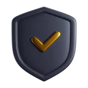 Icône 3D d’un bouclier gris foncé avec une coche dorée — symbole de sécurité, garantie ou fiabilité pour services de chauffage ou installation technique.