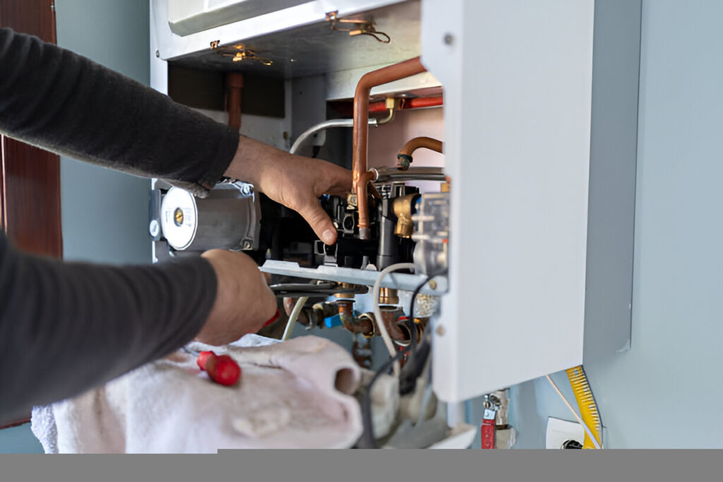 Technicien chauffagiste effectuant la maintenance d'une chaudière murale à gaz dans une maison en wallonie.